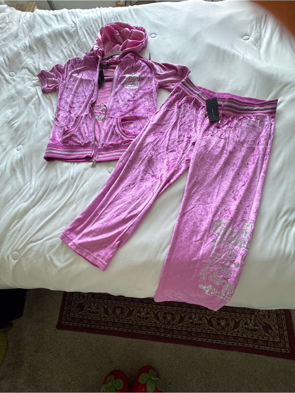 BCBGMaxAzria Pink Velour Hooded Zip Jacket & Crop Lounge Pants Set